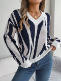 Autumn And Winter Casual V-Neck Contrast Color Long Sleeve Pullover Basic Sweater Women's Clothing