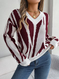 Autumn And Winter Casual V-Neck Contrast Color Long Sleeve Pullover Basic Sweater Women's Clothing