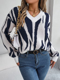 Autumn And Winter Casual V-Neck Contrast Color Long Sleeve Pullover Basic Sweater Women's Clothing