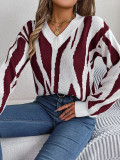 Autumn And Winter Casual V-Neck Contrast Color Long Sleeve Pullover Basic Sweater Women's Clothing