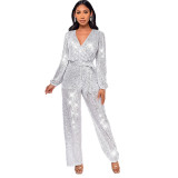 Fashion Casual Long Sleeve Belt Sequin Jumpsuit Women's Clothing