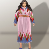 Plus Size Autumn Women's Print Button Long Sleeve Pleated Dress