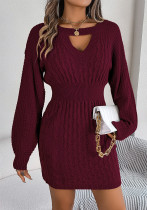 Autumn And Winter Solid Color Hollow Lantern Sleeve Bodycon Sweater Dress Women's Clothing Autumn And Winter Solid Color Hollow Lantern Sleeve Bodycon Sweater Dress Women's Clothing