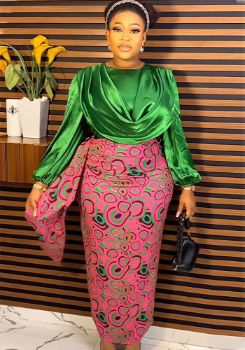 Africa Plus Size Printed Contrast Color Elegant Two Piece Skirt Set Women's Evening Party Wear