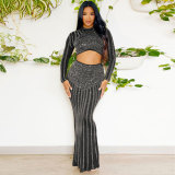 Sexy Beaded Tight Fitting Stretch Long Sleeve Top Bodycon Mermaid Skirt Suit