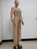 Fashion Casual Long Sleeve Belt Sequin Jumpsuit Women's Clothing