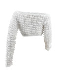 Cute Bubble Fabric Solid Off Shoulder Long Sleeve Crop Top