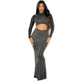 Sexy Beaded Tight Fitting Stretch Long Sleeve Top Bodycon Mermaid Skirt Suit