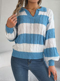 Autumn And Winter Casual V Neck Contrast Color Lantern Sleeve Pullover Women Sweater