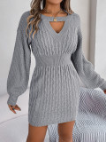 Autumn And Winter Solid Color Hollow Lantern Sleeve Bodycon Sweater Dress Women's Clothing