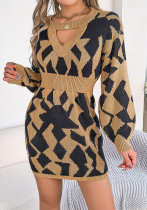 Autumn And Winter Casual Color Block Hollow Sleeve Slim Waist Sweater Dress Women's Clothing Autumn And Winter Casual Color Block Hollow Sleeve Slim Waist Sweater Dress Women's Clothing