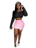 Cute Bubble Fabric Solid Off Shoulder Long Sleeve Crop Top
