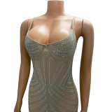 Women's Solid Color Mesh Beaded Straps Maxi Dress
