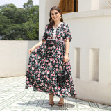 Plus Size V-Neck Floral Printed Lace Patchwork Loose Long Dress Beach Holidays Dress