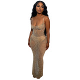 Women's Solid Color Mesh Beaded Straps Maxi Dress