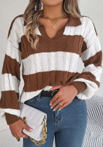 Autumn And Winter Casual V Neck Contrast Color Lantern Sleeve Pullover Women Sweater Autumn And Winter Casual V Neck Contrast Color Lantern Sleeve Pullover Women Sweater