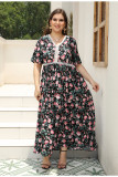 Plus Size V-Neck Floral Printed Lace Patchwork Loose Long Dress Beach Holidays Dress