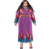 Plus Size Autumn Women's Print Button Long Sleeve Pleated Dress