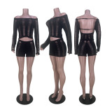 Women's Sexy Off Shoulder Back Hollow Long Sleeve Top Shorts Two-Piece Set