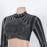 Sexy Beaded Tight Fitting Stretch Long Sleeve Top Bodycon Mermaid Skirt Suit