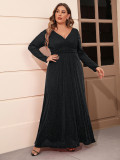 Plus Size Women Autumn V-neck Long Sleeve Mesh Dress