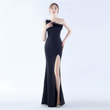 Women Ostrich Feather Slash Shoulder One Shoulder Evening Dress