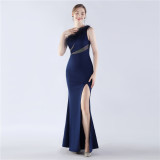 Women One Shoulder Ostrich Feather Beaded Evening Dress