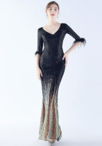 Women ostrich feather gradient sequin half-sleeve evening dress Women ostrich feather gradient sequin half-sleeve evening dress