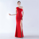 Women Ostrich Feather Slash Shoulder One Shoulder Evening Dress