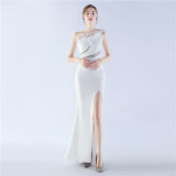 Women One Shoulder Ostrich Feather Beaded Evening Dress
