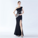 Women One Shoulder Ostrich Feather Beaded Evening Dress