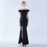 Women Ostrich Feather Off Shoulder Strapless Evening Dress