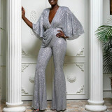 Women Sequin Sexy Deep V Backless Jumpsuit