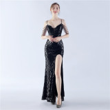 Women Herringbone Lace-Up Symphony Beaded Evening Dress