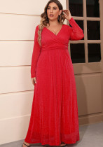 Plus Size Women Autumn V-neck Long Sleeve Mesh Dress