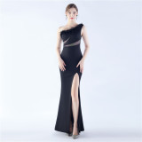 Women One Shoulder Ostrich Feather Beaded Evening Dress