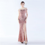 Women Sequins Formal Party Off Shoulder Evening Dress