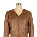 Women Casual PU-Leather Hooded and Pant Two-piece Set