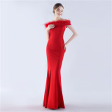 Women Ostrich Feather Off Shoulder Strapless Evening Dress