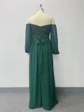 Women Elegant Off Shoulder Slit Lace Up Sequin Patchwork Chiffon Long Sleeve Evening Dress
