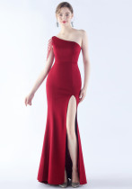 Women Beaded Party Slash Shoulder One Shoulder Slit Evening Dress Women Beaded Party Slash Shoulder One Shoulder Slit Evening Dress