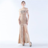 Women Sequins Formal Party Off Shoulder Evening Dress