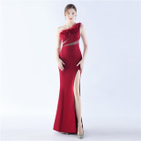 Women One Shoulder Ostrich Feather Beaded Evening Dress