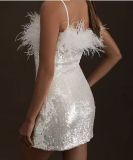 Women Party Dresses Faux Fur Patchwork Sequins Off Shoulder Sexy Strapless Dress
