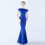Women Ostrich Feather Off Shoulder Strapless Evening Dress