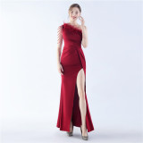 Women Beaded Ostrich Feather Evening Dress