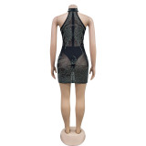 Women Solid mesh Beaded Halter Neck Dress