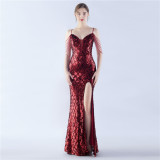 Women Herringbone Lace-Up Symphony Beaded Evening Dress