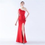 Women Beaded Party Slash Shoulder One Shoulder Slit Evening Dress