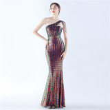 Women Beaded One Shoulder Slash Shoulder Evening Dress